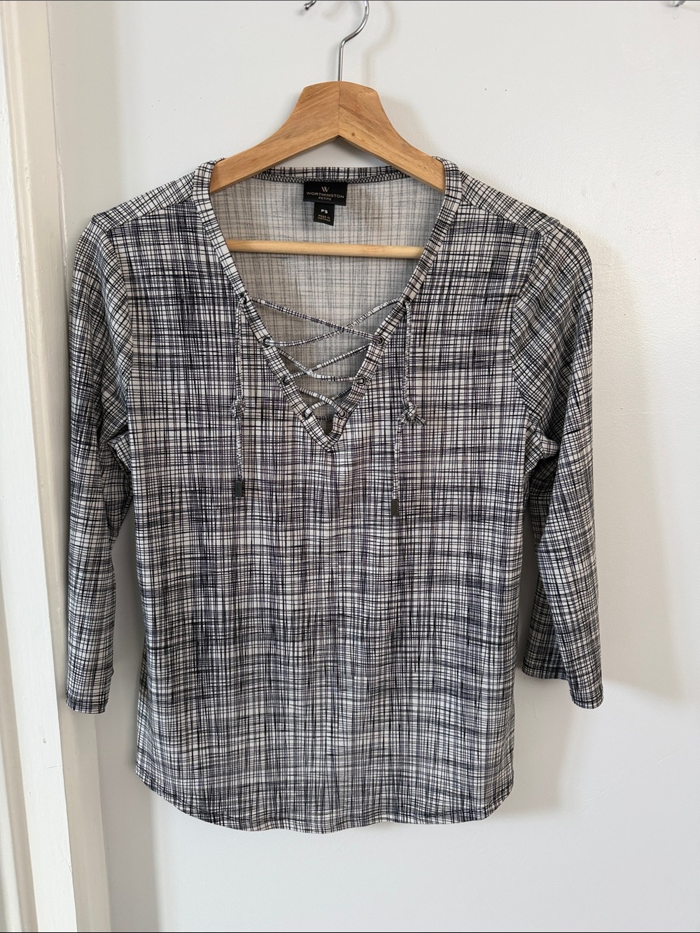 W by Worth Black and White Plaid Lace-Up V-Neck Long Sleeve Top